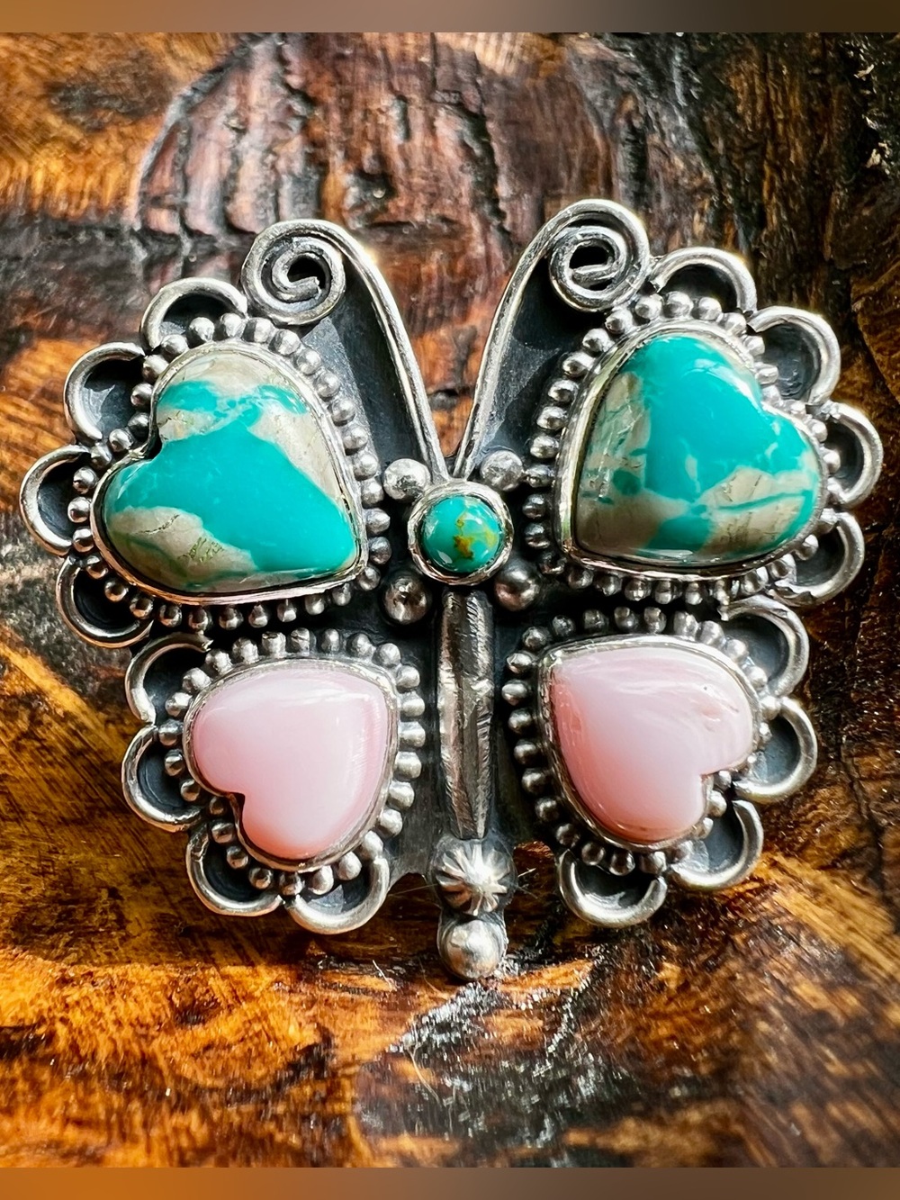 Ribbon Turquoise Queen Conch Butterfly Ring Sterling Silver Adjustable
